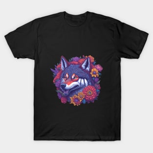 Vintage Colorful Wolf With Flowers T-Shirt